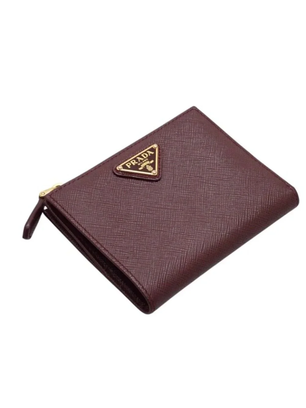 Prada Saffiano Triangle Bifold Wallet Bordeaux Burgundy Gold Genus